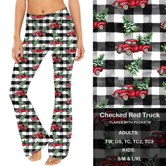 Checked Red Truck - Yoga Flares with Pockets