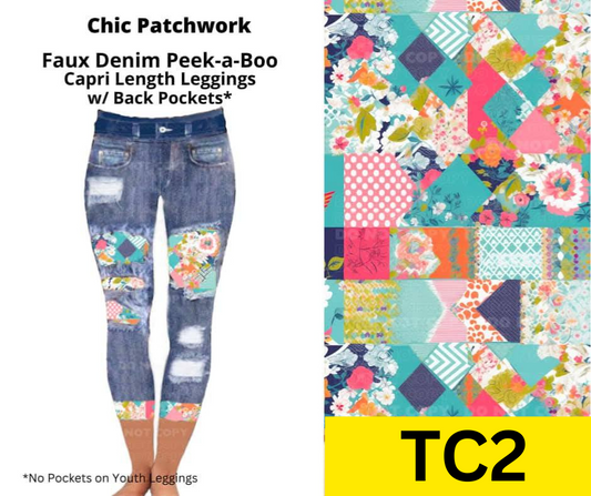 Chic Patchwork Capri Faux Denim Peekaboo
