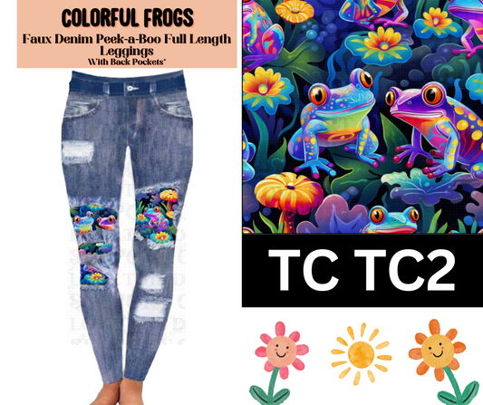 Colorful Frogs Faux Denim Full Length Peekaboo Leggings