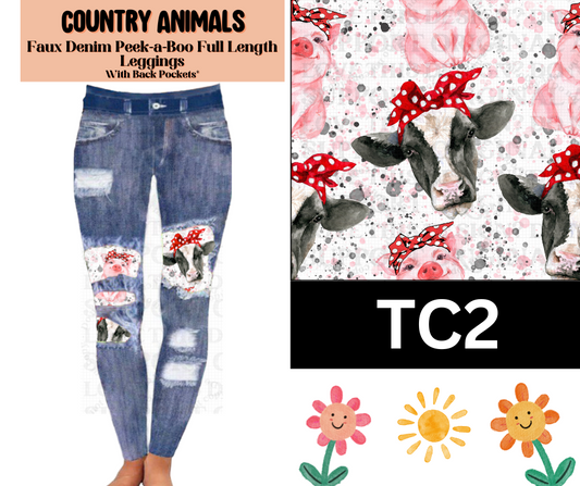Country Animals Faux Denim Full Length Peekaboo Leggings