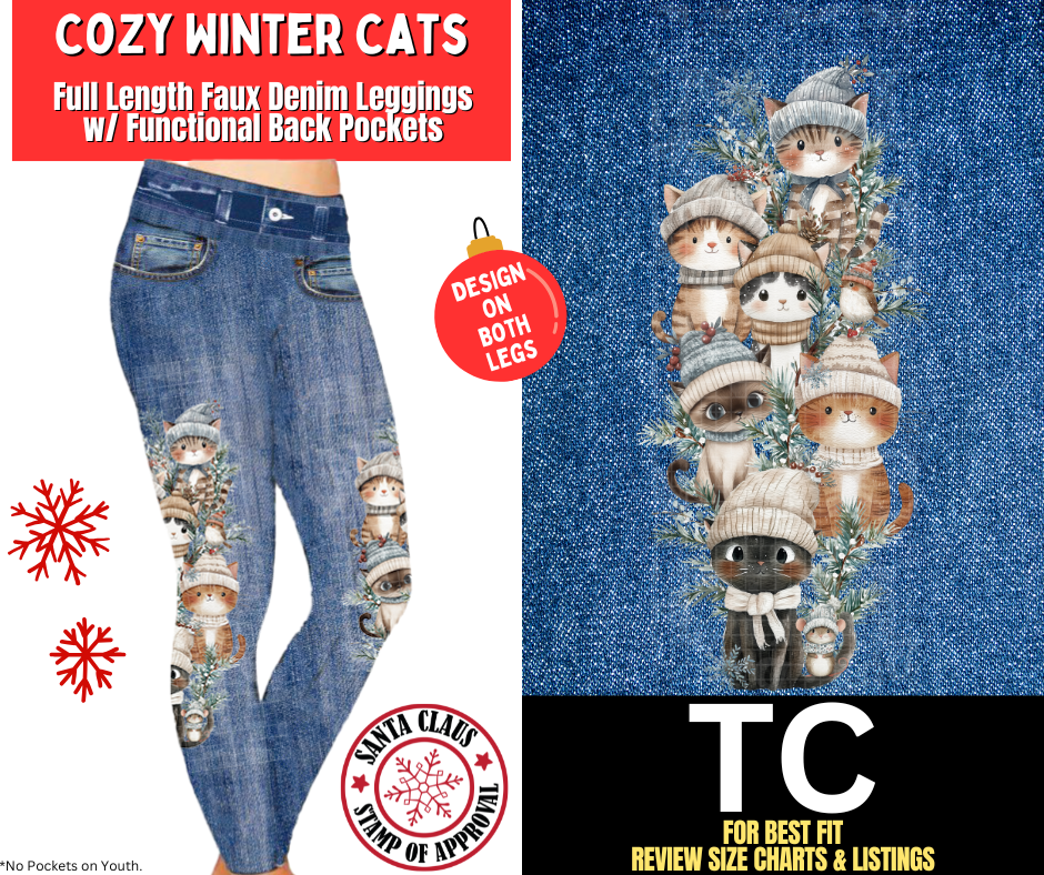 Cozy Winter Cats Full Length Faux Denim w/ Side Leg Designs