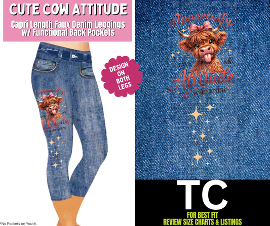 Cute Cow Attitude Capri Faux Denim w/ Side Leg Designs