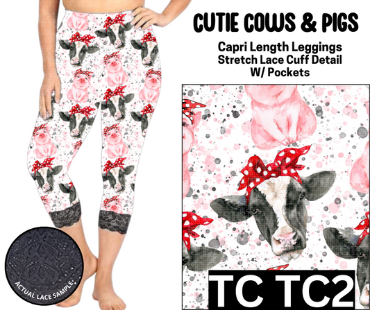 Cutie Cows & Pigs Lace Cuff Capris w/ Pockets