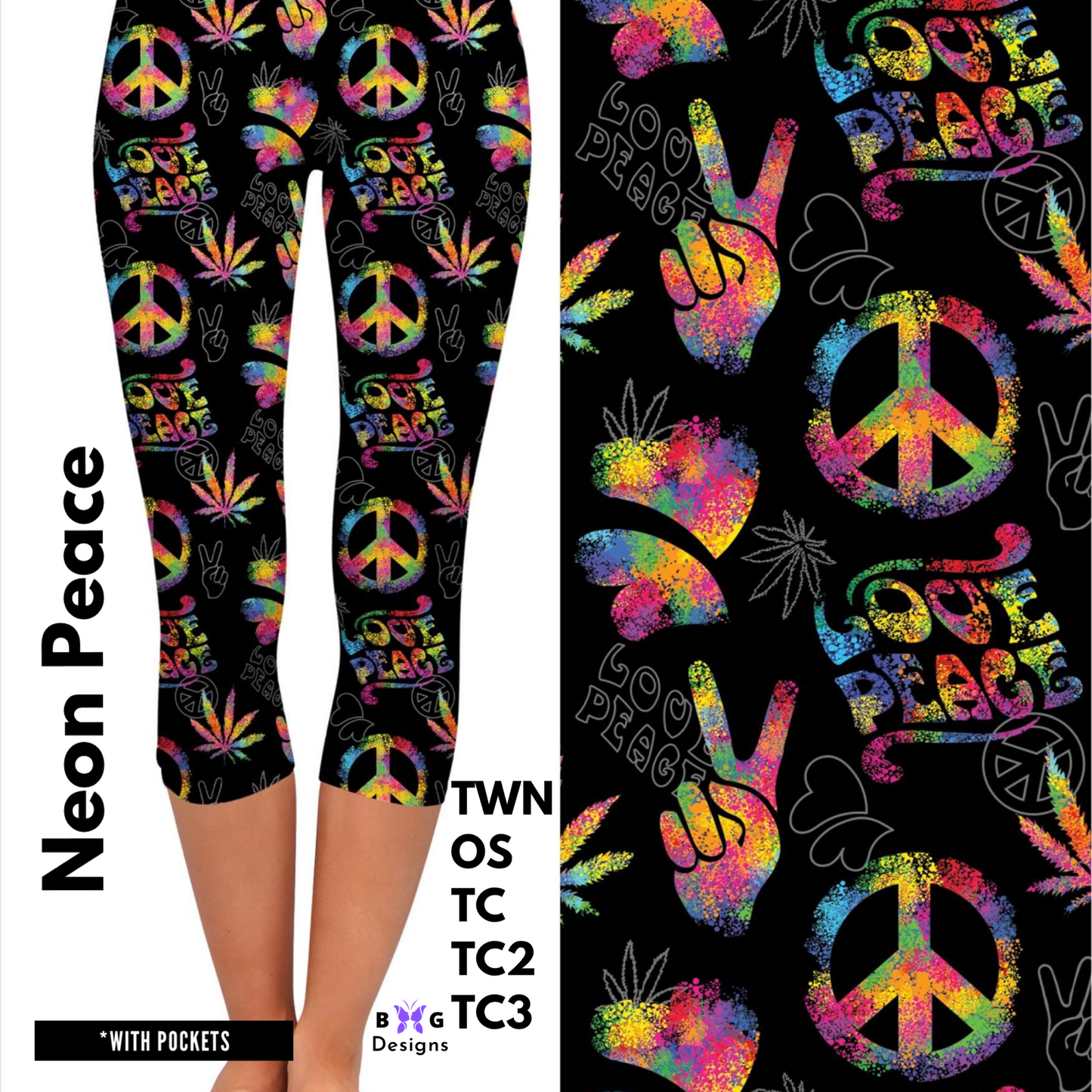 Neon Peace - Capri Leggings with Pockets