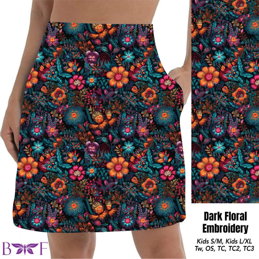 Dark Floral Embroidery skorts with pockets