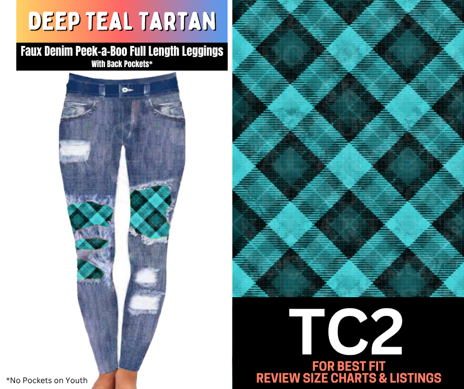 Deep Teal Tartan Faux Denim Full Length Peekaboo Leggings