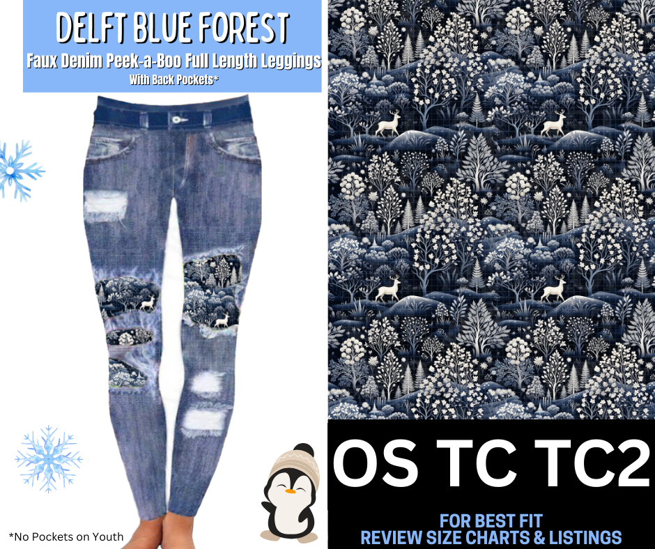 Delft Blue Forest Faux Denim Full Length Peekaboo Leggings
