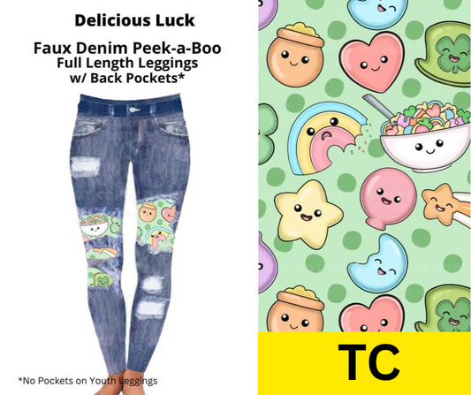 Delicious Luck Faux Denim Full Length Peekaboo Leggings