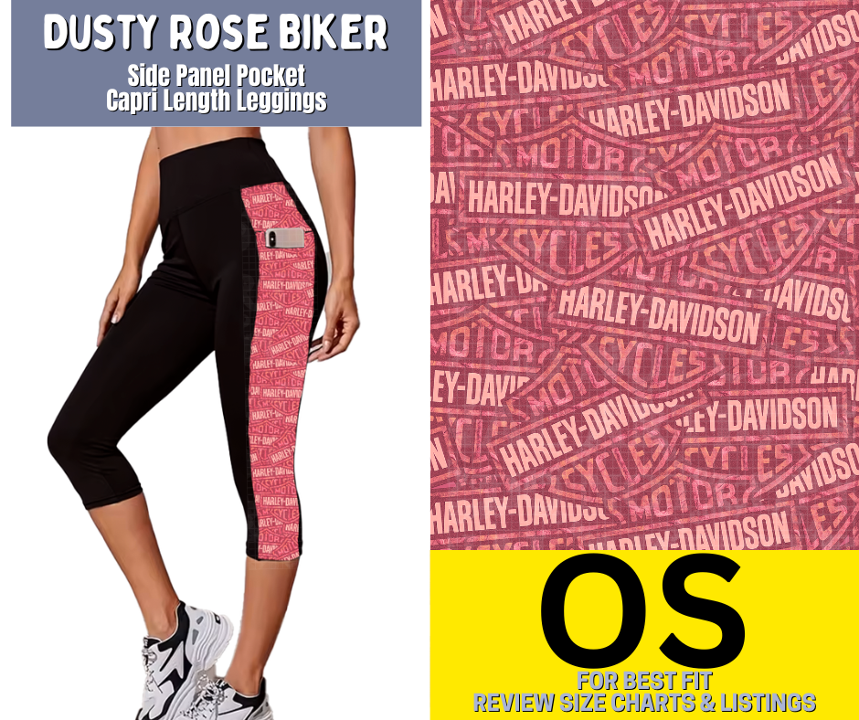 Dusty Rose Biker Side Panel Pocket Capri Length Leggings