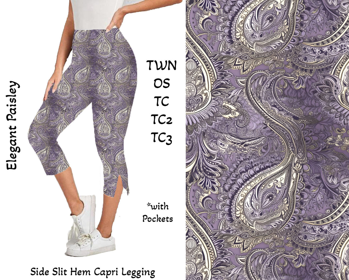 Elegant Paisley - Side Slit Hem Capri Leggings with Pockets Preorder Closes 2/23