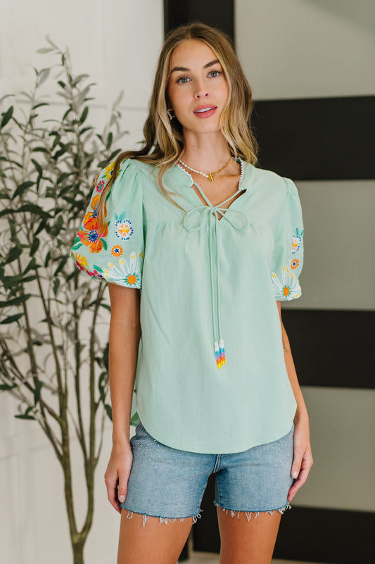 PREORDER: Embroidered Puff Sleeve V-Neck Blouse in Aqua
