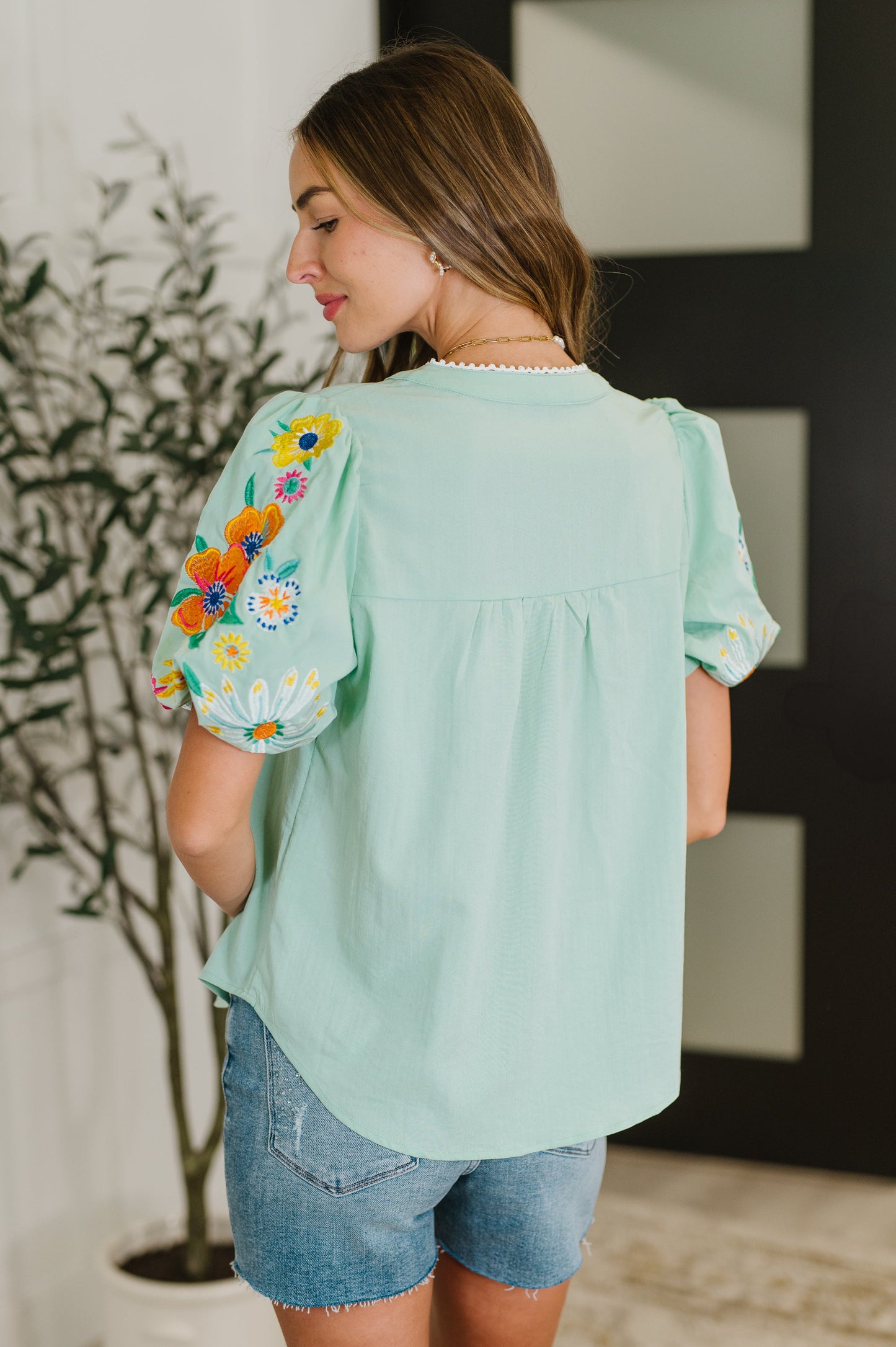 PREORDER: Embroidered Puff Sleeve V-Neck Blouse in Aqua