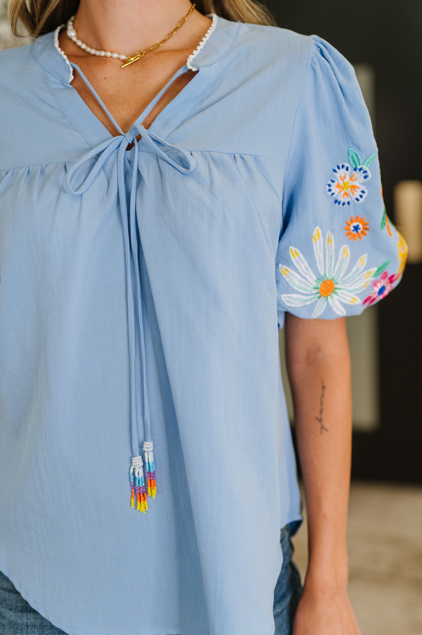 PREORDER: Embroidered Puff Sleeve V-Neck Blouse in Light Blue
