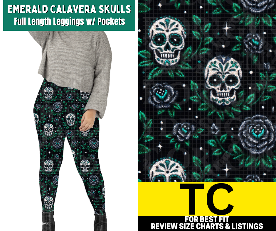 Emerald Calavera Skulls Full Length Leggings w/ Pockets
