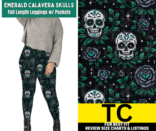Emerald Calavera Skulls Full Length Leggings w/ Pockets