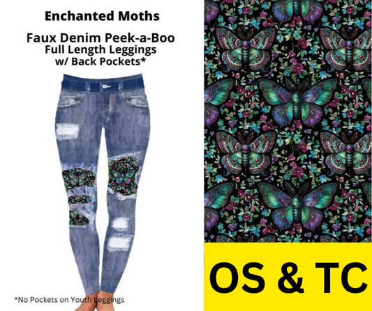Enchanted Moths Faux Denim Full Length Peekaboo Leggings