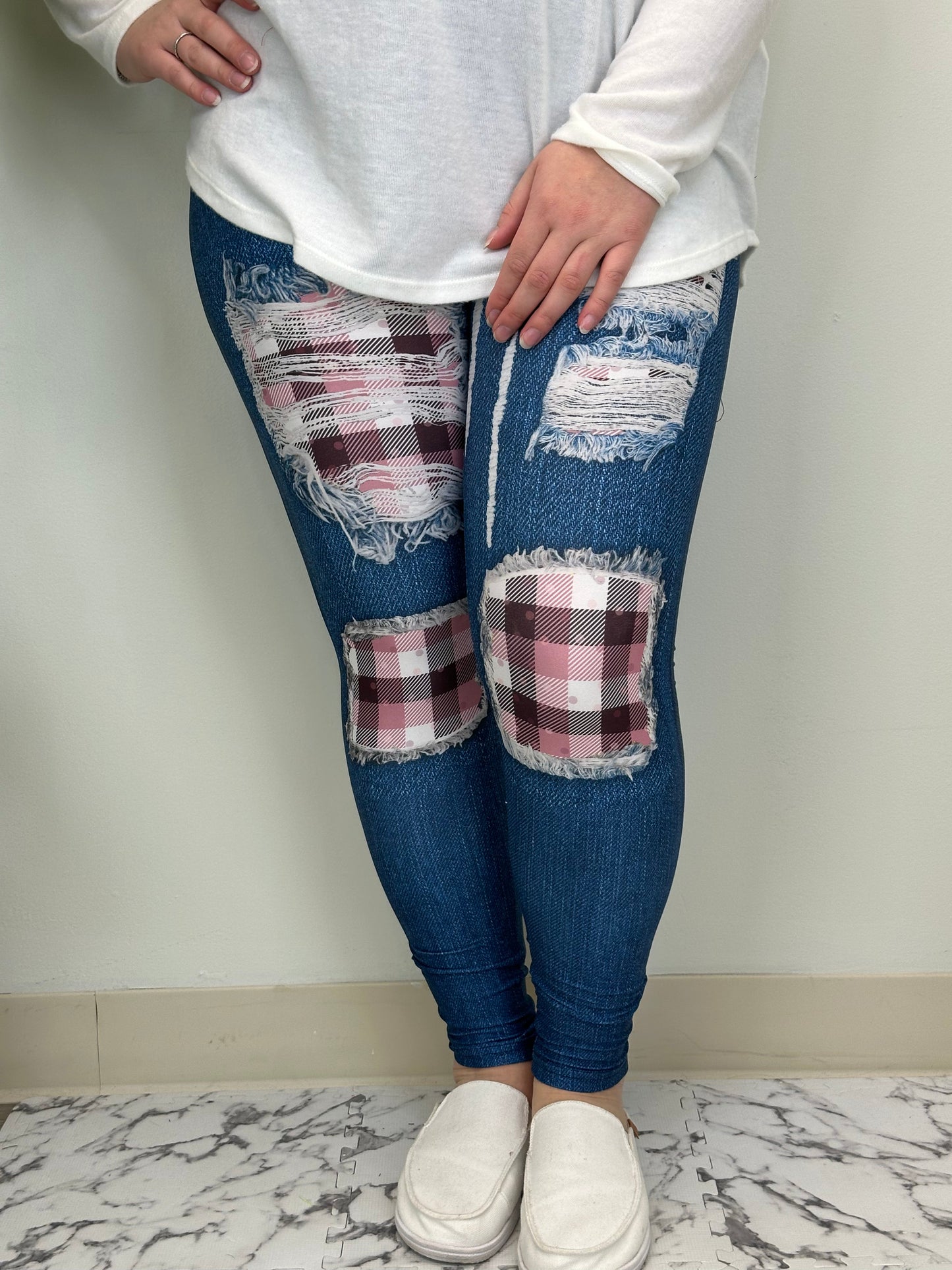 White Plaid Denim Leggings w/ Butt Pockets