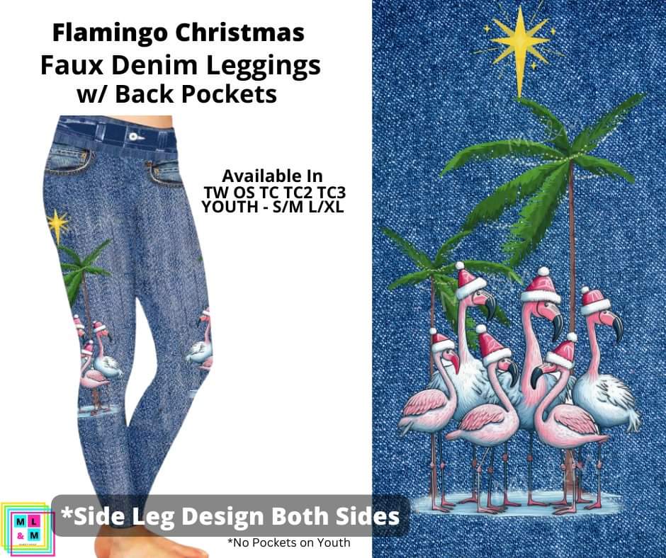 Flamingo Christmas Full Length Faux Denim w/ Side Leg Designs