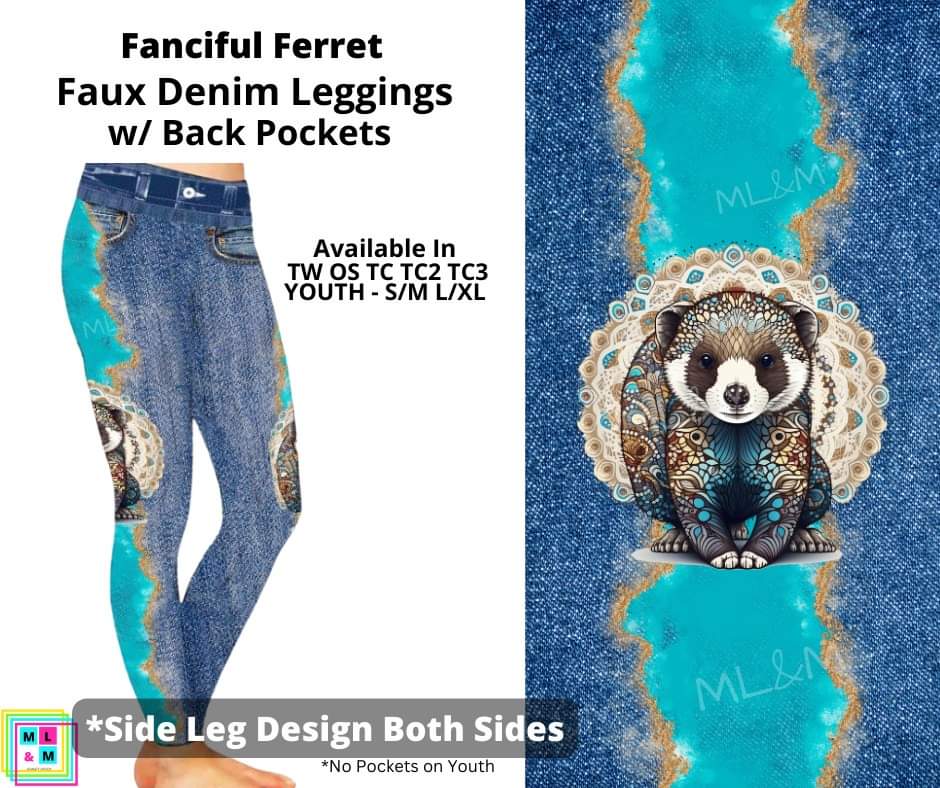 Fanciful Ferrets Full Length Faux Denim w/ Side Leg Designs