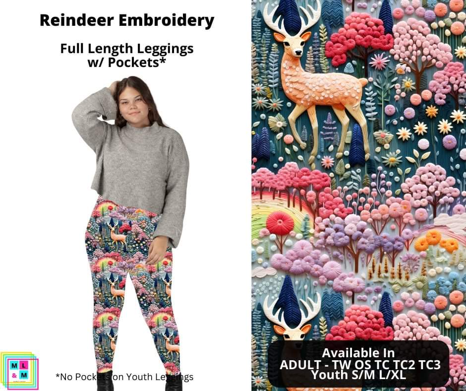 Reindeer Embroidery Full Length Leggings w/ Pockets