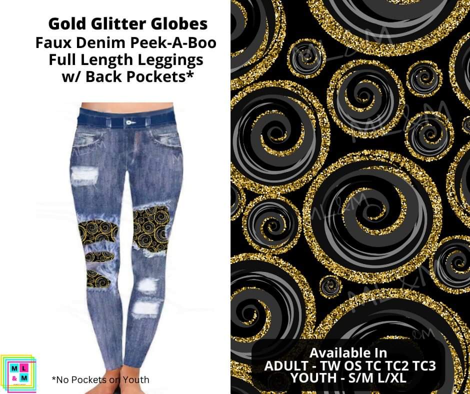 Gold Glitter Globes Faux Denim Full Length