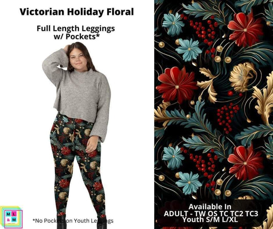 Victorian Holiday Floral Full Length Leggings w/ Pockets