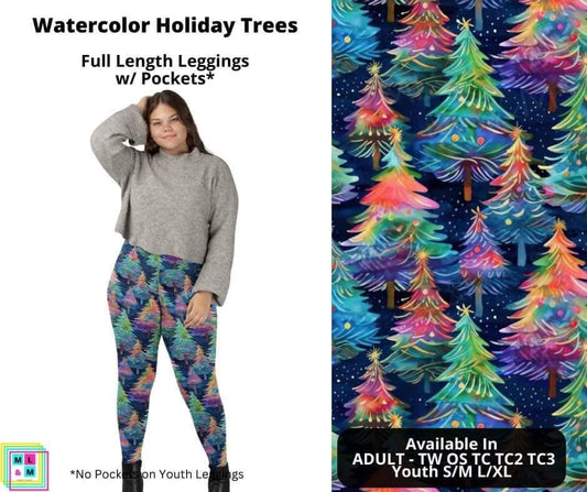 Watercolor Holiday Trees Full Length Leggings w/ Pockets