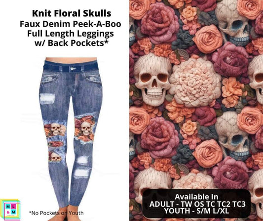 Knit Floral Skulls Faux Denim Full Length Peekaboo Leggings