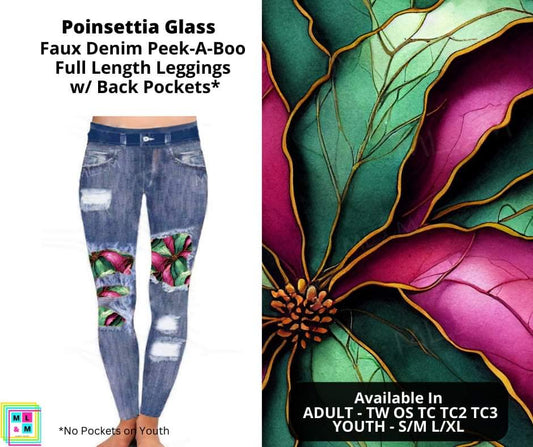 Poinsettia Glass Faux Denim Full Length Peekaboo Leggings