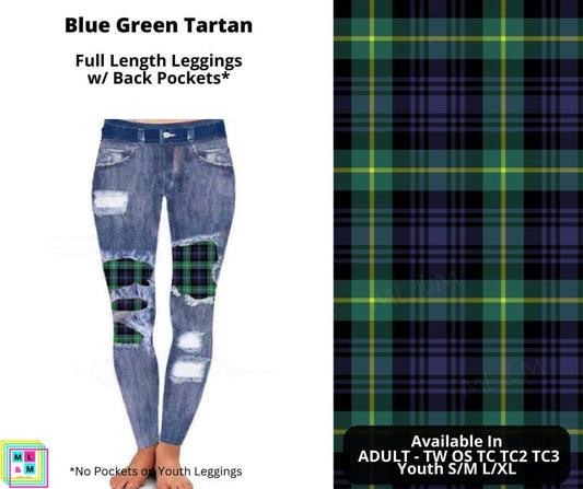 Blue Green Tartan Faux Denim Full Length Peekaboo Leggings