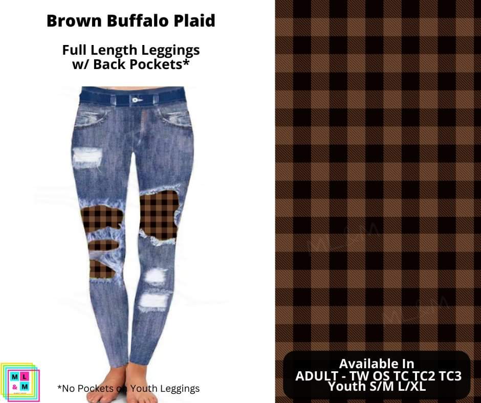 Brown Buffalo Plaid Faux Denim Full Length Peekaboo Leggings