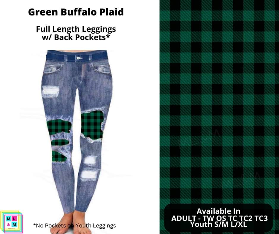 Green Buffalo Plaid Faux Denim Full Length Peekaboo Leggings