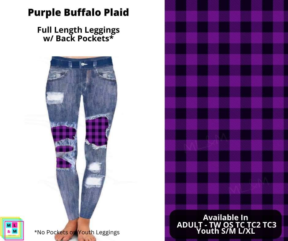 Purple Buffalo Plaid Faux Denim Full Length Peekaboo Leggings