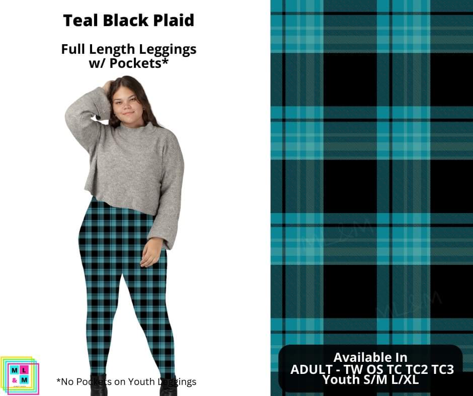 Teal Black Plaid Full Length Leggings w/ Pockets