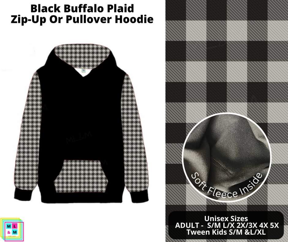 Black Buffalo Plaid Zip-Up or Pullover Hoodie