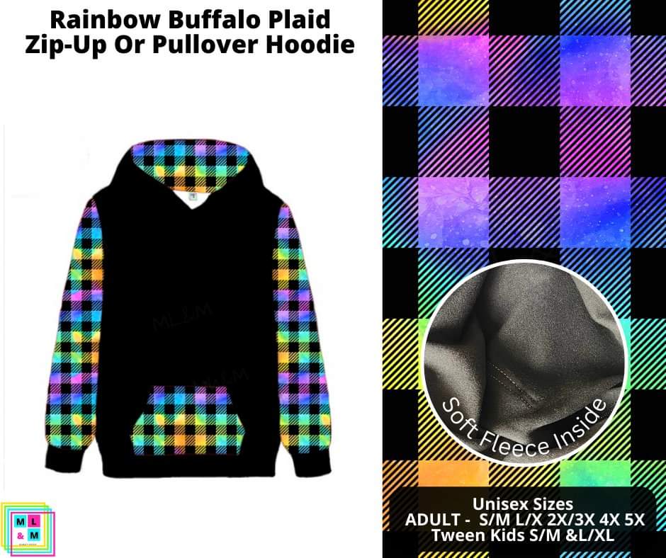 Rainbow Buffalo Plaid Zip-Up or Pullover Hoodie