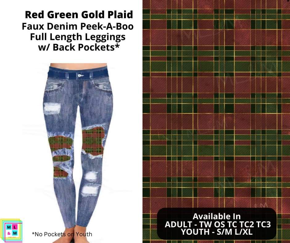 Red Green Gold Plaid Faux Denim Full Length Peekaboo Leggings