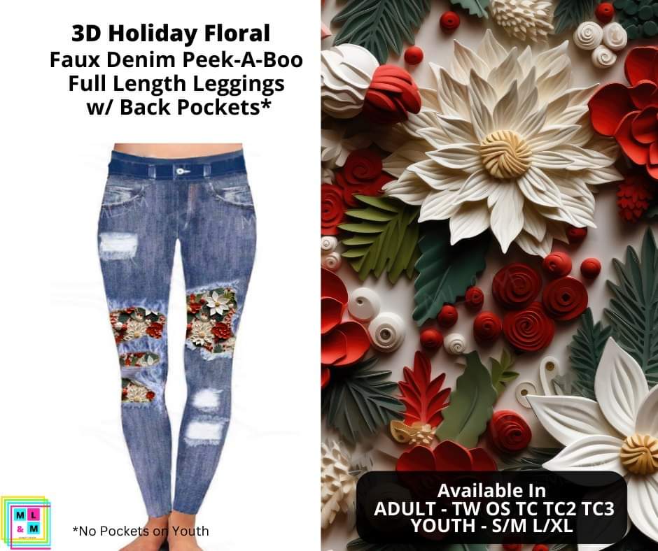 3D Holiday Floral Faux Denim Full Length Peekaboo Leggings