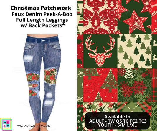 Christmas Patchwork Faux Denim Full Length Peekaboo Leggings