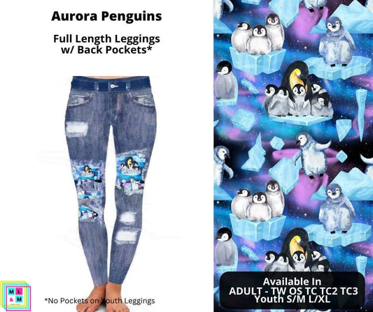 Aurora Penguins Faux Denim Full Length Peekaboo Leggings