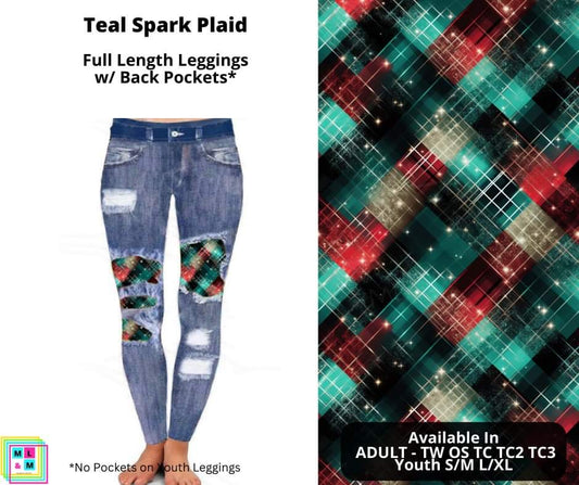 Teal Spark Plaid Faux Denim Full Length Peekaboo Leggings