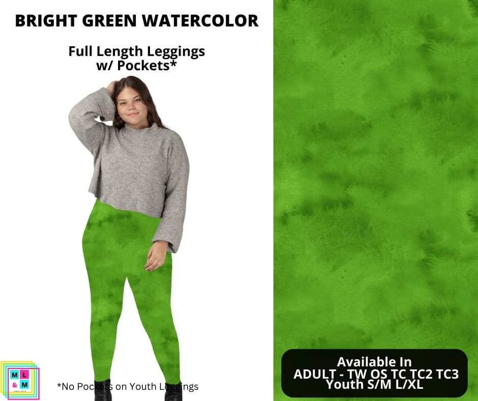 Bright Green Watercolor Full Length Leggings w/ Pockets