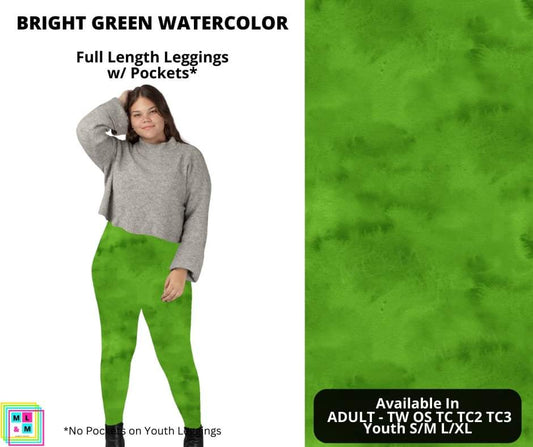 Bright Green Watercolor Full Length Leggings w/ Pockets