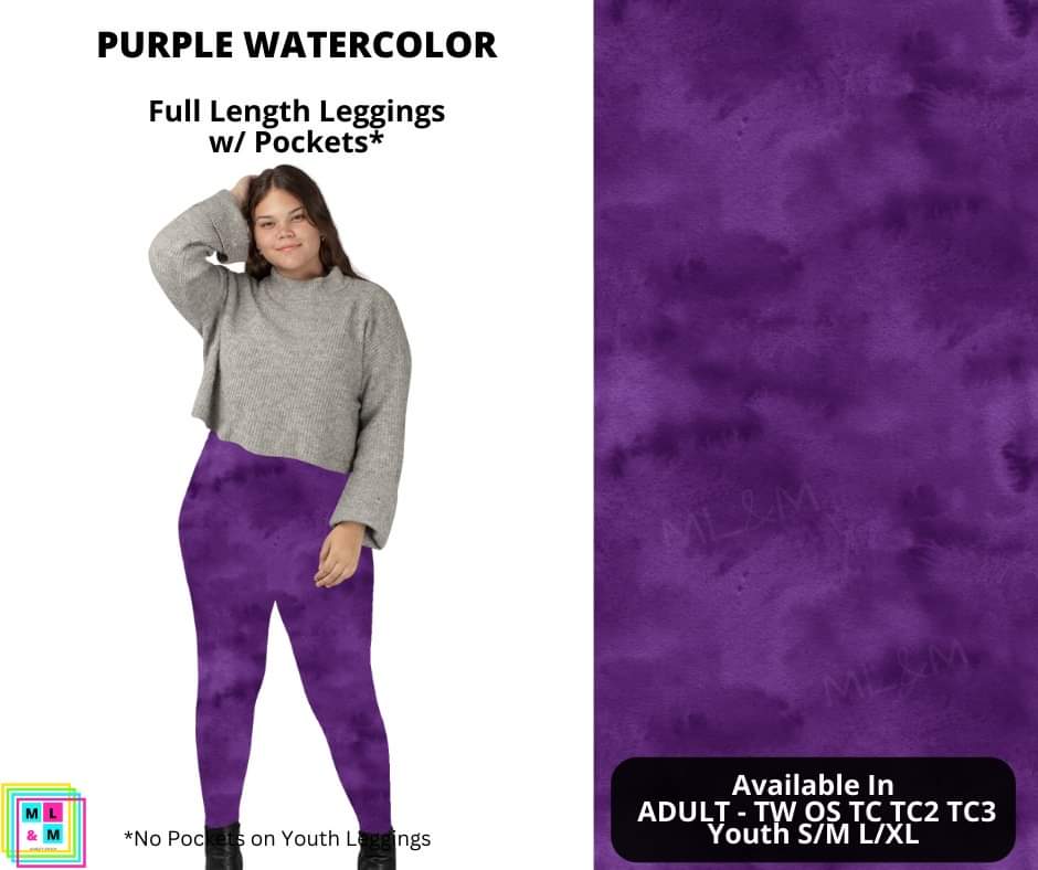 Purple Watercolor Full Length Leggings w/ Pockets