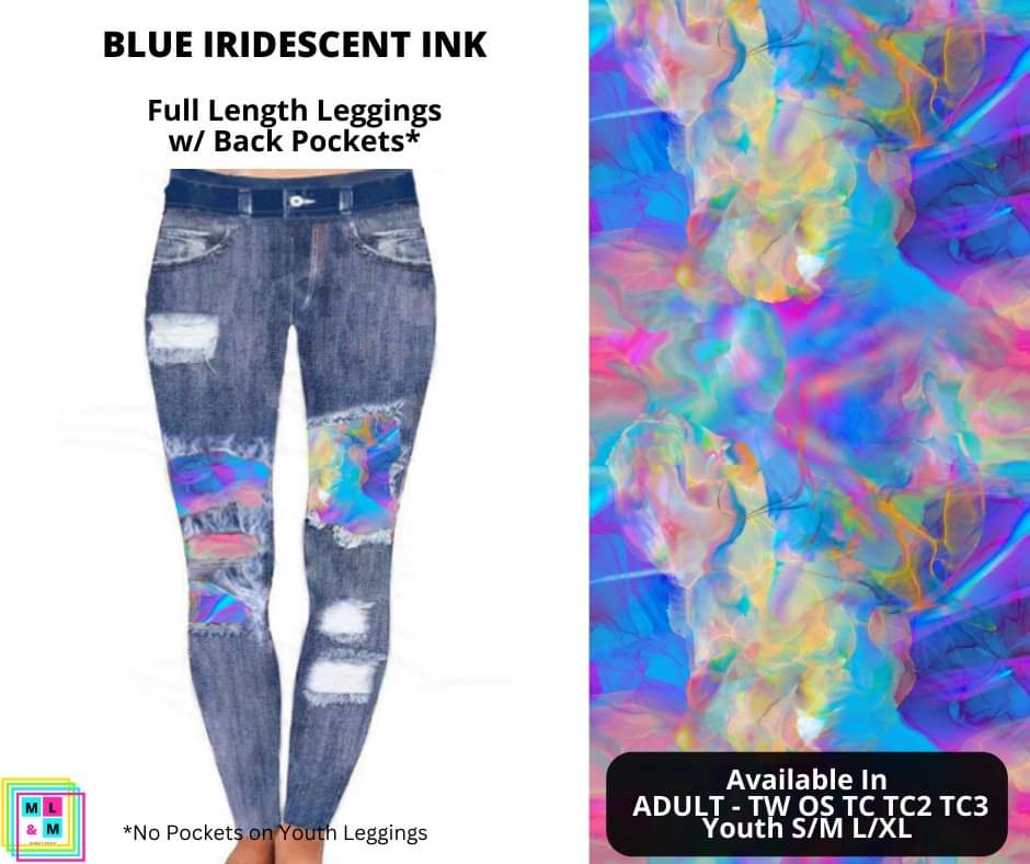 Blue Iridescent Ink Faux Denim Full Length Peekaboo Leggings