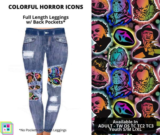 Colorful Horror Icons Faux Denim Full Length Peekaboo Leggings