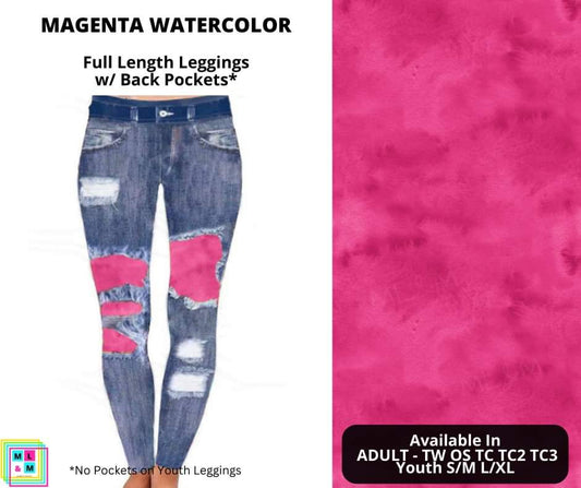 Magenta Watercolor Faux Denim Full Length Peekaboo Leggings