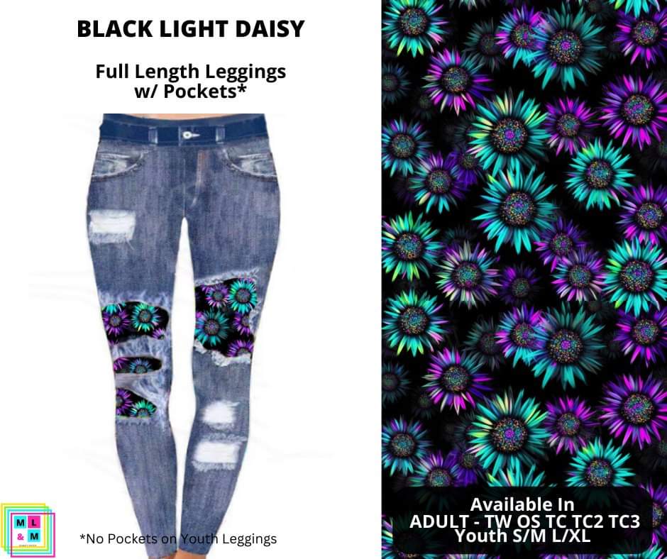 Black Light Daisy Faux Denim Full Length Peekaboo Leggings