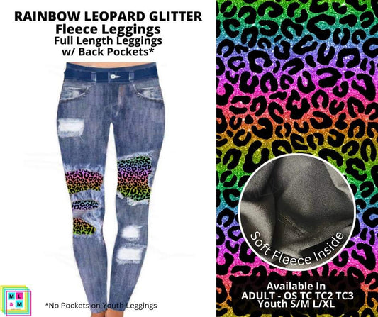 Rainbow Leopard Glitter Faux Denim Fleece Peekaboo Leggings