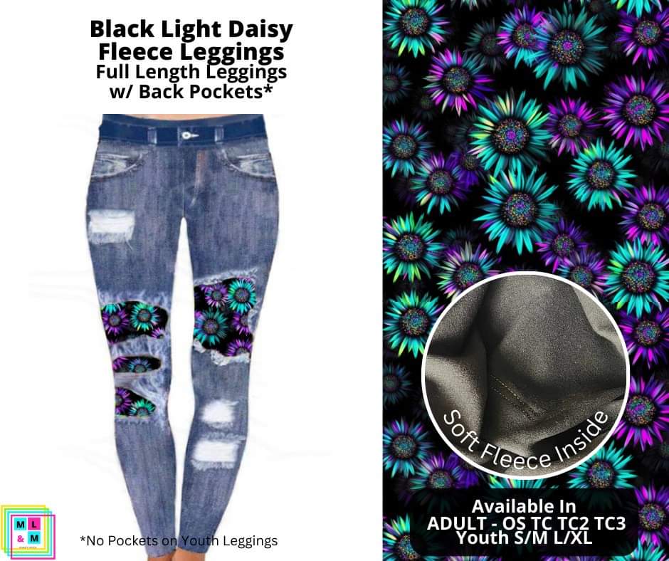 Black Light Daisy Faux Denim Fleece Peekaboo Leggings